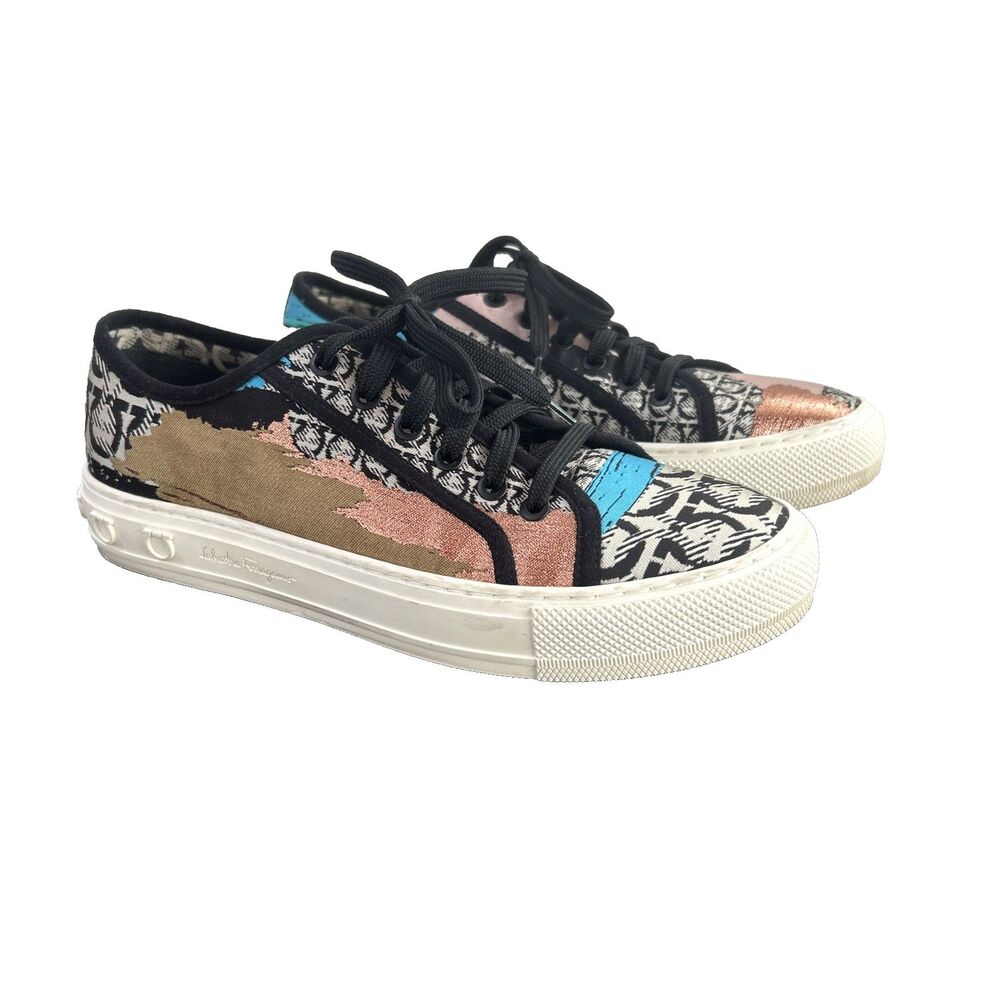 Salvatore Ferragamo Tully Printed Fabric Sneakers Beige/Nero Size 8.5 C
